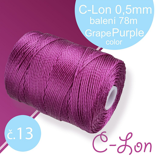 Nylonová nit C-Lon pevná korálková nit. Barva 13 Grape Purple. Síla nitě 0,5mm. Balení 78m na cívce.
