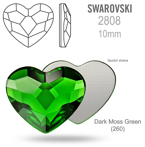 SWAROVSKI 2808 Heart Flat Back Foiled velikost 10mm. Barva Dark Moss Green