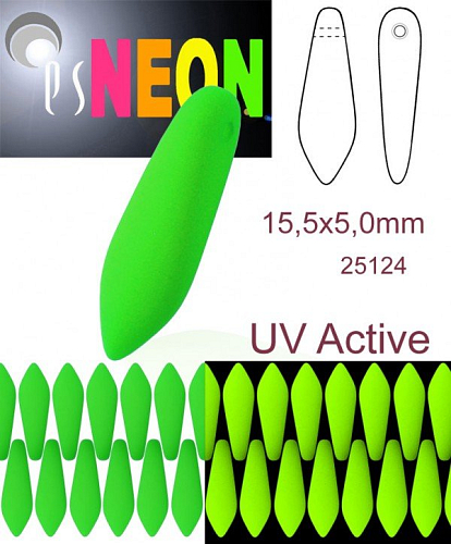Korálky JAZÝČKY NEON (UV Active) velikost 15x5mm barva 25124  zelená. Balení 15Ks. 