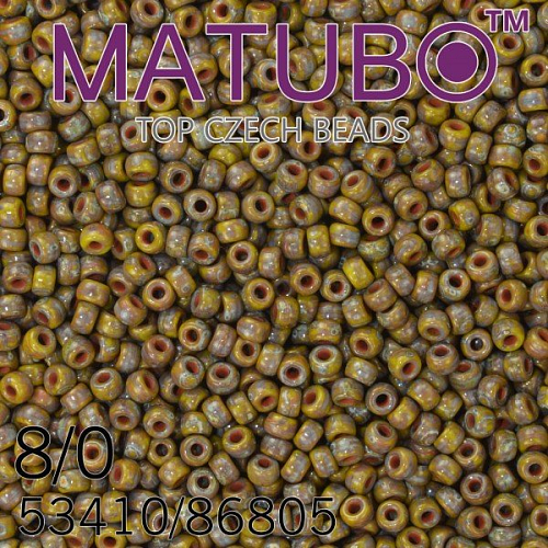 Korálky MATUBO™ mačkané rokajlové korálky. Velikost 8/0 (3,1mm). Barva 53410/86805 SYTÁ ZELENÁ dekor TRAVERTIN SILNÝ. Balení 10g