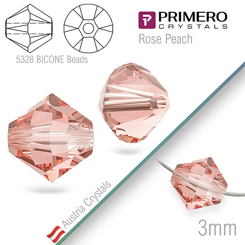 Korálky PRIMERO Crystals . Tvar 5328 Bicone BEADS. Barva Rose Peach. Velikost 3mm balení-25Ks.