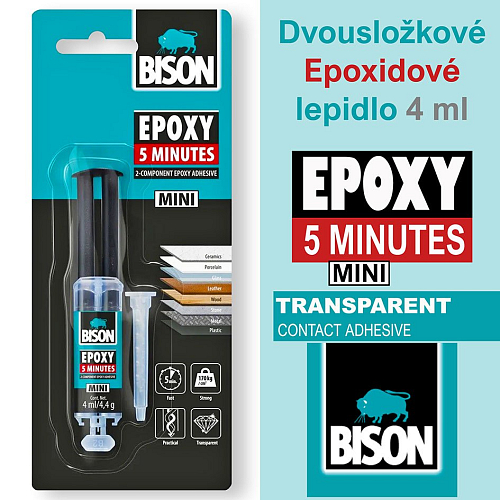 Lepidlo BISON Epoxy MINI. Rychlé a čiré dvousložkové epoxidové lepidlo pro pevné, neviditelné spoje. Balení 4ml. Vytvrzení 5min.
