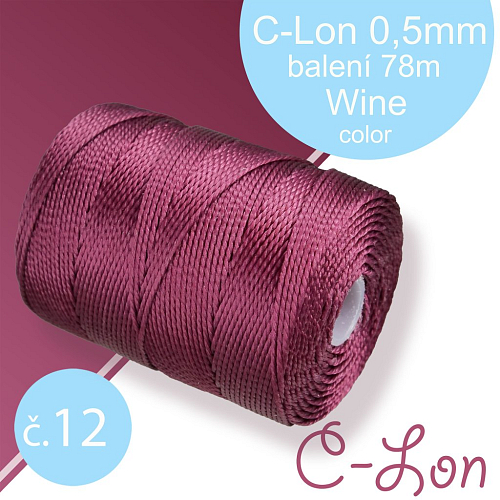 Nylonová nit C-Lon pevná korálková nit. Barva 12 Wine. Síla nitě 0,5mm. Balení 78m na cívce.