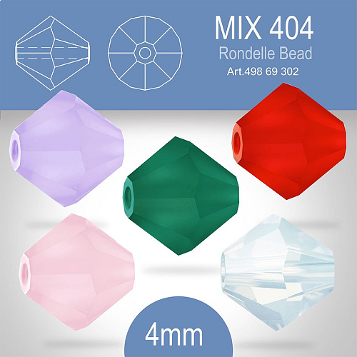 PRECIOSA Bicone (sluníčko) velikost 4mm. Barva MIX 404 White Opal, Light Rose Matt, Violet Matt, Light Siam Matt, Emerald Matt. Balení 30ks (5X6ks)