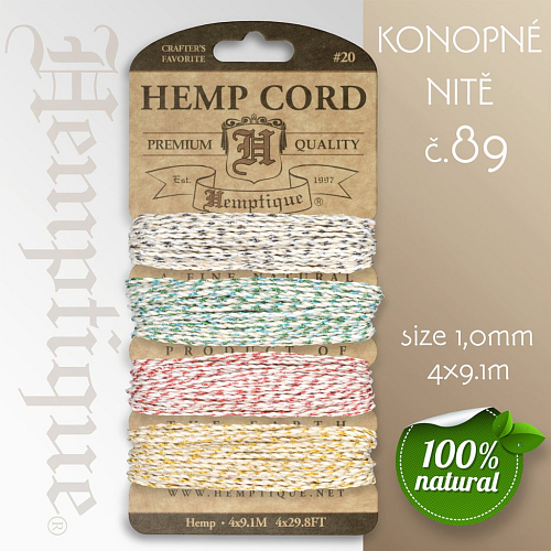 Konopná nit HEMP CORD síla nitě 1,0mm. Balení 4x9,1m. Barva č.89 Festive Occasion