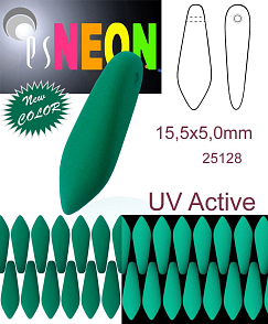 Korálky JAZÝČKY NEON (UV Active) velikost 15x5mm barva 25128 ZELENÁ SMARAGDOVÁ. Balení 15Ks. NEW COLOR.