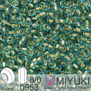 Korálky Miyuki Round 8/0. Barva 0953 24kt Gold Lined Light Aqua. Balení 3g