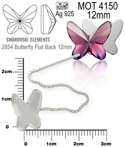 NÁUŠNICE PROVLÉKACÍ na Swarovski 2854 Butterfly Flat Back 12mm ozn. MOT 4150. Materiál STŘÍBRO AG925.váha 0,80g.