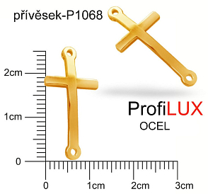 Přívěsek Chirurgická Ocel ozn-P1068 KŘÍŽEK  velikost 25x13mm tl.1.0mm. Velikost otvoru pr. 1,5mm barva POZLACENO. Řada přívěsků ProfiLUX.