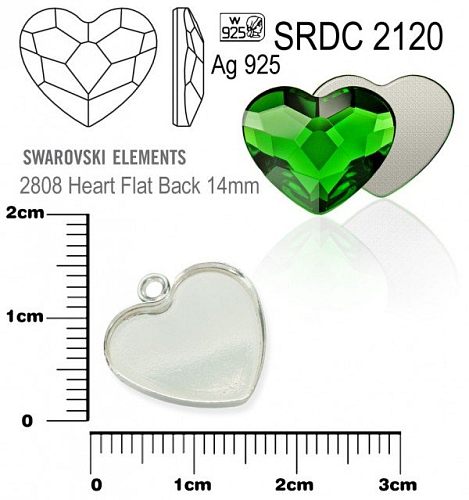 Přívěsek SRDCE s očky na Swarovski 2808 Heart Flat Back 14mm ozn. SRDC 2120. Materiál STŘÍBRO AG925.váha 0,70g.