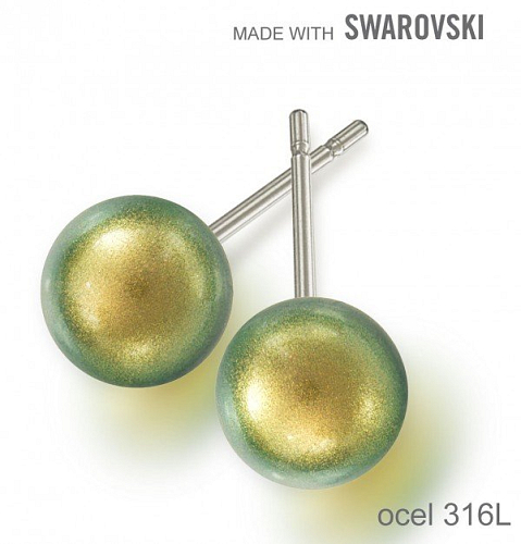 Náušnice sada Made with Swarovski 5818 Crystal Iridescent Green Pearl (001 930) 8mm+puzeta 316L