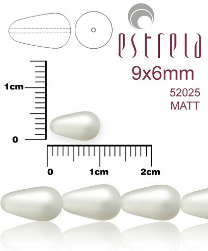 VOSKOVANÉ korále tvar kapka. Velikost 9x6mm. Barva 52025 MATT (matná bílá). Balení 10ks na návleku. 