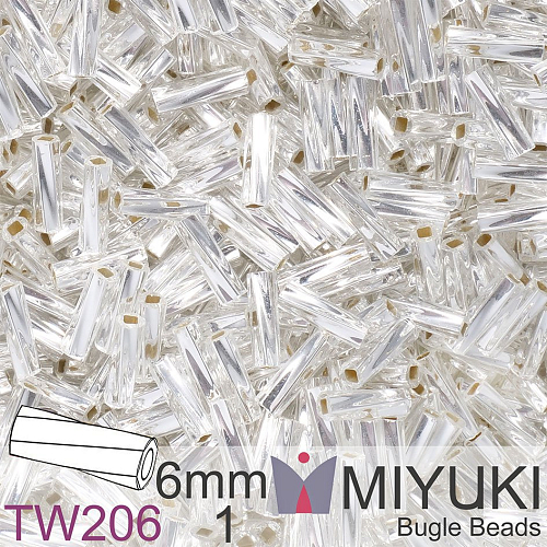 Korálky Miyuki Twisted Bugle 6mm. Barva TW206-1 Silverlined Crystal. Balení 10g.
