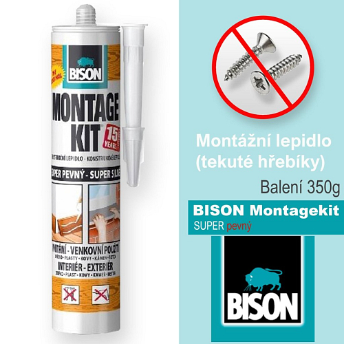 Lepidlo BISON Montagekit. Vhodné jako náhrada za hřebíky, šrouby. Balení 350g. Vytvrzení 5min.