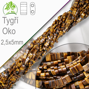 Minerální korálky tvarované Tygří Oko. Velikost 2,5x5mm obdelníkové korálky s dvěma otvory. Balení 20Ks
