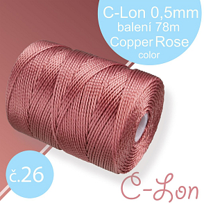 Nylonová nit C-Lon pevná korálková nit. Barva 26 Copper Rose. Síla nitě 0,5mm. Balení 78m na cívce.