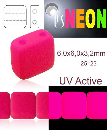 Korálky čtverec 2 otvory NEON (UV Active) velikost 6,0x6,0mm barva 25123 růžová. Balení 20Ks. 
