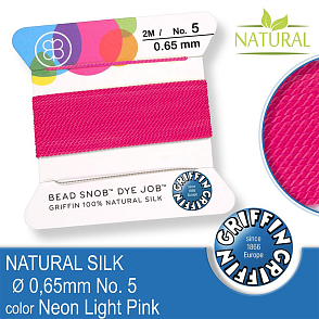 Hedvábná nit s jehlou GRIFFIN síla nitě 0,65mm No.5 délka 2m. Barva Neon Light Pink.