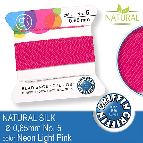 Hedvábná nit s jehlou GRIFFIN síla nitě 0,65mm No.5 délka 2m. Barva Neon Light Pink.
