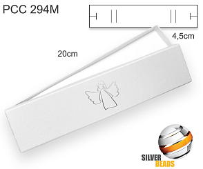 Krabička na šperky podlouhlá. Materiál papír. Ozn. PCC 294M. Barva BÍLÁ s potiskem anděla (stříbrná barva). ..
