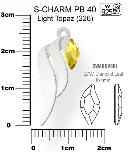 Přívěsek tvar KŘÍDLO PB 40+Swarovski 2797 Light Topaz (226) . Materiál Ag925. Váha Ag 0,62g