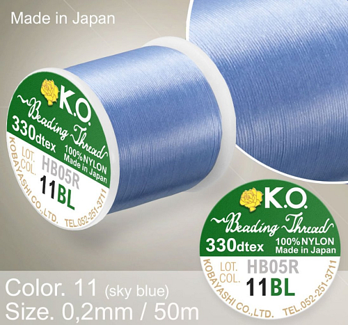 Nylonová nit značky K.O. Barva č. 11 sky blue. Materiál 330DTEX (0,2mm). Balení 50m.