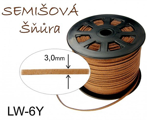 SEMIŠOVÁ šňůra plochá. Ozn.- LW-6Y. Barva LIGHT BROWN (HNĚDÁ SVĚTLÁ). Velikost šířka 3mm tl.1,5mm. 