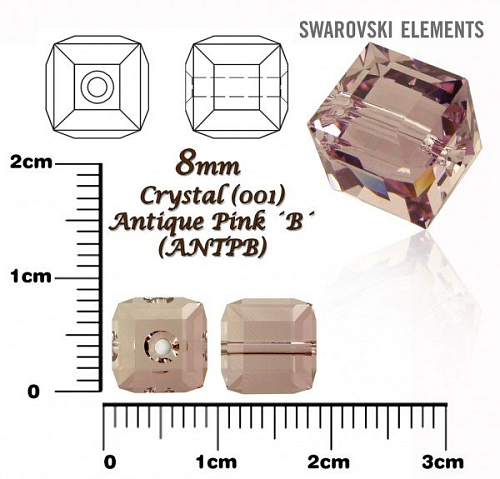 SWAROVSKI CUBE Beads 5601 barva CRYSTAL ANTIQUE PINK ´B´ velikost 8mm