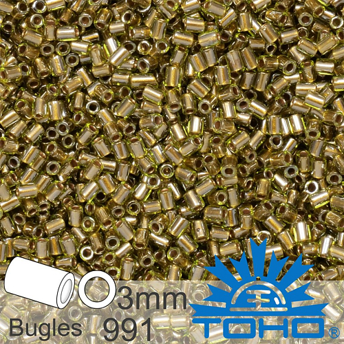 Korálky TOHO tvar BUGLES (válcové). Velikost pr.1,6mm x 3mm. Barva č. 991 Gold-Lined Peridot. Balení 10g.