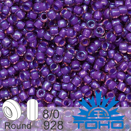 Korálky TOHO tvar ROUND (kulaté). Velikost 8/0. Barva č. 928-Inside-Color Rainbow Rosaline/Opaque Purple Lined . Balení 10g.