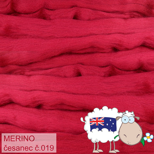 Česanec australské merino (20-21 - mikronů), vlna na plstění a předení. Barva 019 ČERVENÁ CARMÍNOVÁ. Balení 20g. 