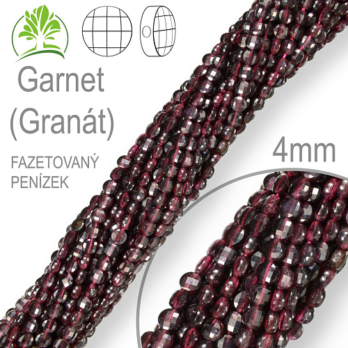 Korálky z minerálů Garnet (Granát) přírodní polodrahokam. Velikost pr.4mm tl. 2,5mm tvar penízek z čelních stran fazetovaný. Balení 108Ks