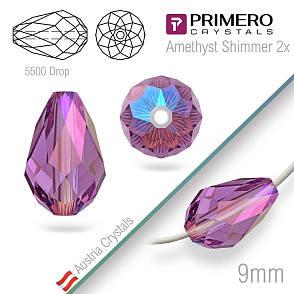 Korálky PRIMERO Crystals . Tvar 5500 Drop. Barva Amethyst Shimmer 2X. Velikost 9mm