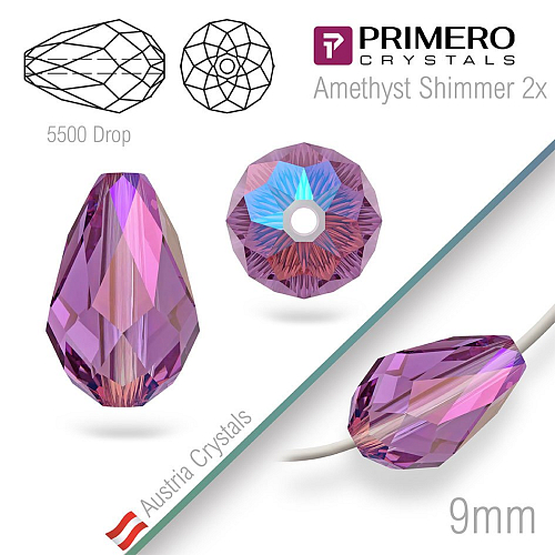 Korálky PRIMERO Crystals . Tvar 5500 Drop. Barva Amethyst Shimmer 2X. Velikost 9mm