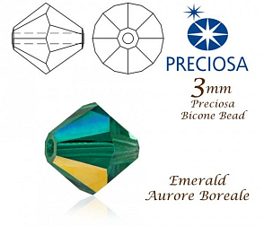 PRECIOSA Bicone (sluníčko) velikost 3mm. Barva EMERALD Aurore Boreale. Balení 42ks 