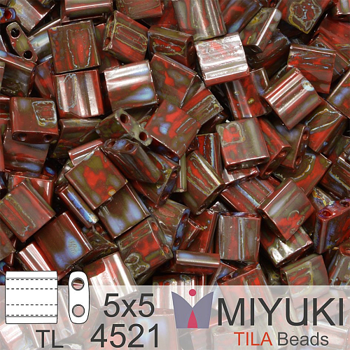 Korálky MIYUKI tvar TILA BEADS velikost 5x5mm. Barva TL-4521 Opaque Red Picasso. Balení 5g.