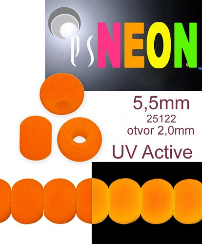 Korálky NEON (UV Active) BAVORÁK velikost pr.5,5mm tl.4,0mm barva 25122 ORANŽOVÁ. Balení 21Ks. 