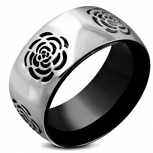 Prsten z chirurugické ocele dvoupláštový s růžemi o velikosti 10