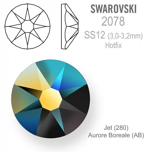 SWAROVSKI xirius rose HOTFIX 2078 velikost SS12 barva Jet  Aurore Boreale 