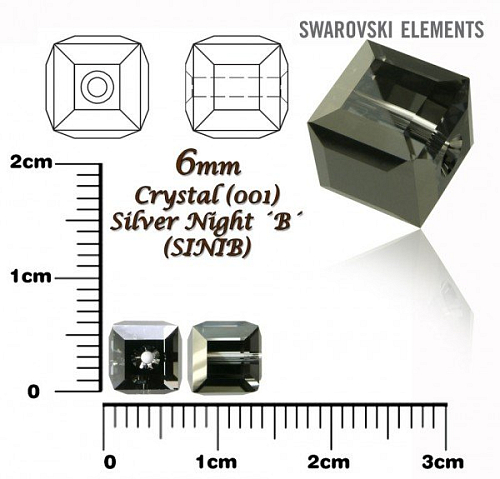 SWAROVSKI CUBE Beads 5601 barva CRYSTAL SILVER NIGHT ´B´ velikost 6mm.