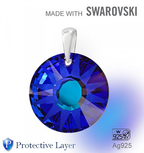 Přívěsek Made with Swarovski 6724 Crystal (001) Bermuda Blue (BB)P 19mm+šlupna Ag925