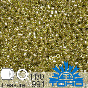 Korálky TOHO tvar TREASURE (válcové). Velikost 11/0. Barva č. 991 Gold-Lined Olivine Chrysolite . Balení 5g.