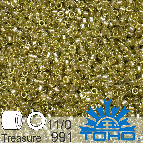 Korálky TOHO tvar TREASURE (válcové). Velikost 11/0. Barva č. 991 Gold-Lined Olivine Chrysolite . Balení 5g.