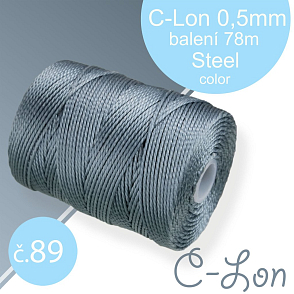 Nylonová nit C-Lon pevná korálková nit. Barva 89 Steel. Síla nitě 0,5mm. Balení 78m na cívce.