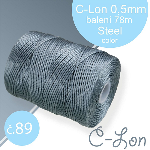 Nylonová nit C-Lon pevná korálková nit. Barva 89 Steel. Síla nitě 0,5mm. Balení 78m na cívce.