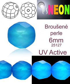 Korálky NEON (UV Active) BROUŠENÉ velikost pr.6mm barva 25127 MODRÁ SVĚTLÁ mírně průhledná. Balení 21Ks. 
