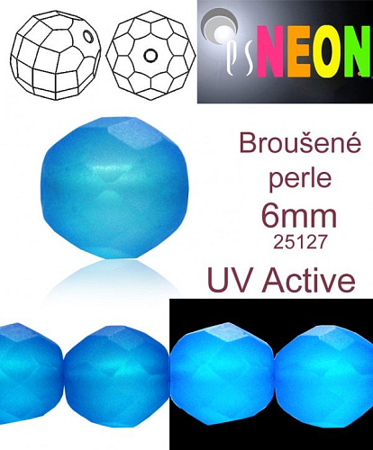 Korálky NEON (UV Active) BROUŠENÉ velikost pr.6mm barva 25127 MODRÁ SVĚTLÁ mírně průhledná. Balení 21Ks. 