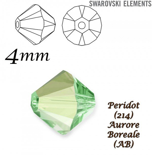 SWAROVSKI BEAD 5328 barva PERIDOT AURORE BOREALE  velikost 4mm. Balení 20Ks.