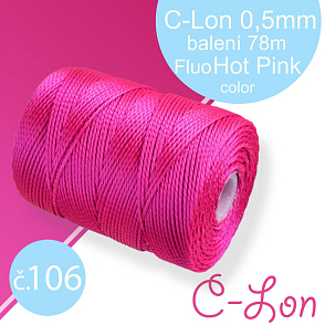 Nylonová nit C-Lon pevná korálková nit. Barva 106 Fluo Hot Pink. Síla nitě 0,5mm. Balení 78m na cívce.