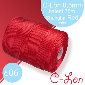 Nylonová nit C-Lon pevná korálková nit. Barva 06 Shanghai Red. Síla nitě 0,5mm. Balení 78m na cívce.